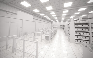 3D white blank supermarket entrance and exit render