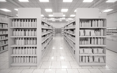 3D white blank supermarket gondola ends aisle corridor render © Neo3Design