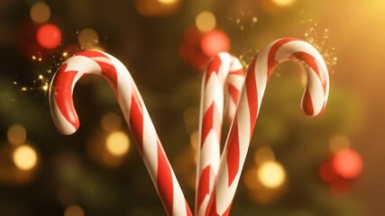 Candy canes sparkle in front of christmas tree with bokeh lights creating a festive and magical holiday atmosphere. - Powered by Adobe