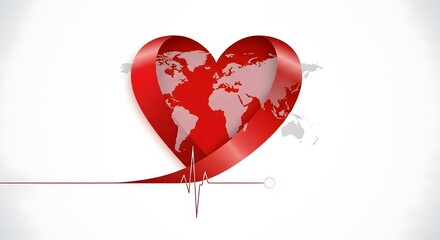 Red ribbon heart with world map and heartbeat line isolated on white background