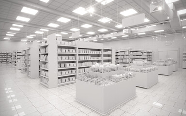 3D white blank supermarket product display render