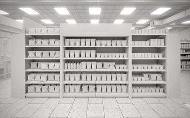 3D white blank supermarket product shelves render