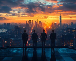 Obraz na płótnie Canvas Four businessmen stand on a rooftop overlooking a city skyline at sunset symbolizing ambition and success