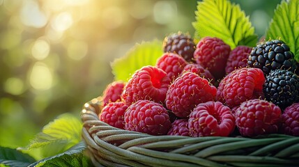 A close-up view of fresh raspberries and blackberries in a woven basket, bathed in warm sunlight.