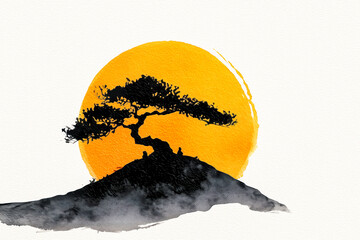 Black silhouette of a gnarled tree on a misty hill against a bri