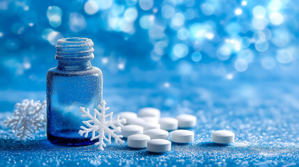 Blue glass bottle with white pills and snowflakes on a frosted b