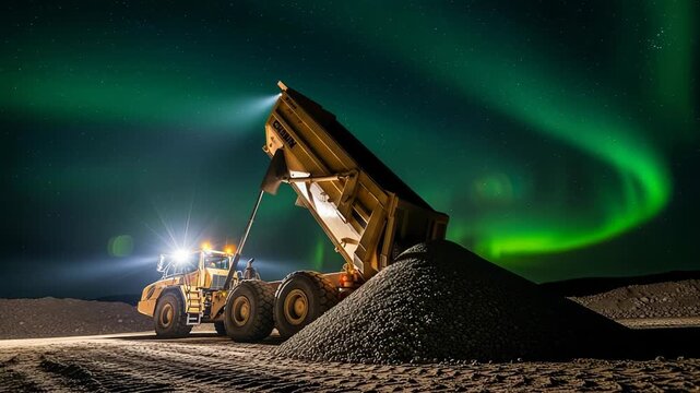 Low angle view of articulated dump truck tipping load under dynamic cloud movement
