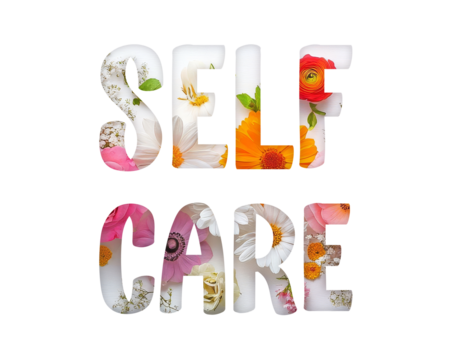 Self care text effect with beautiful flowers and natural elements