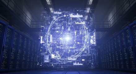 Futuristic Data Center with Holographic Display and Server Racks.