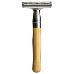 Eco-Friendly Razor: A high-angle shot showcases a sustainable bamboo and metal safety razor.