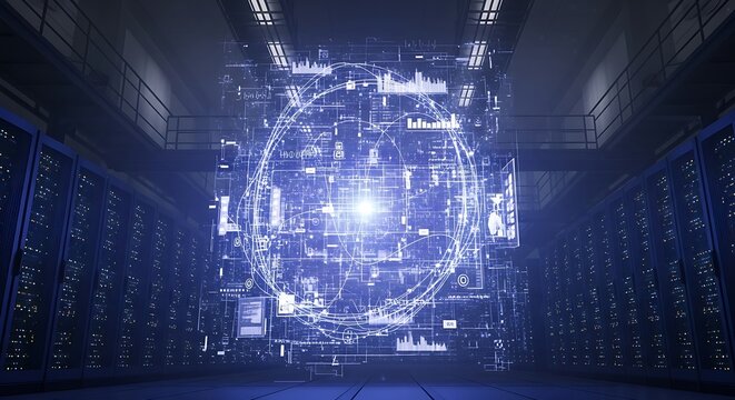 Futuristic Data Center with Holographic Display and Server Racks.