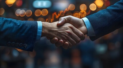 Two businessmen shake hands against a backdrop of financial charts and bokeh lights symbolizing a successful business deal