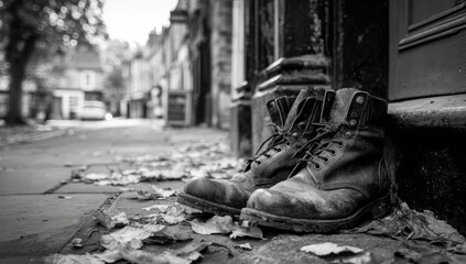 Old work boots on a city street