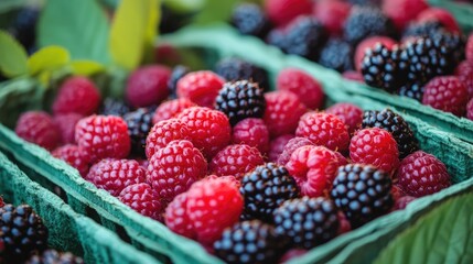 Freshly picked raspberries and blackberries fill vibrant green containers, showcasing a bounty of summer produce.