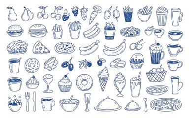 Hand drawn food and drink doodles illustration