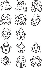 Fototapeta premium Whimsical hand drawn doodle icons featuring fantasy creatures and characters for creative projects