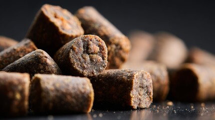 Grain-free pet food pellets with visible meat pieces