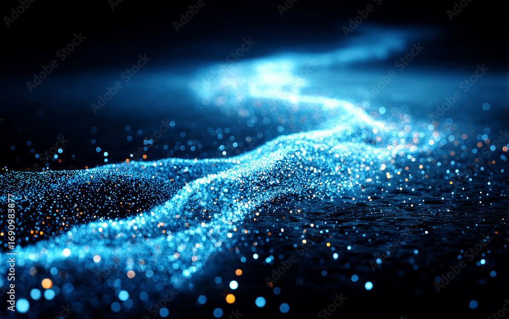 Poster dynamic blue glitter particles creating a wavy pattern