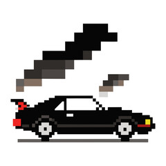 Pixel art silhouette of a black sports car with smoke