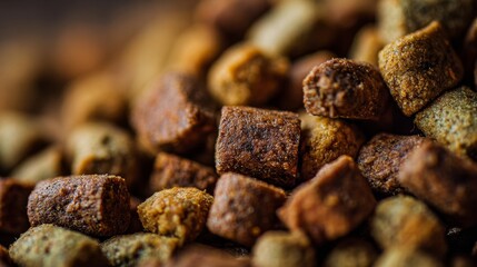 Grain-free pet food pellets with visible meat pieces