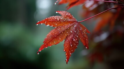 Close up of a red maple leaf with raindrops on a soft green background