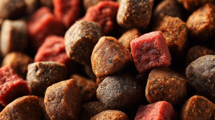 Grain-free pet food pellets with visible meat pieces