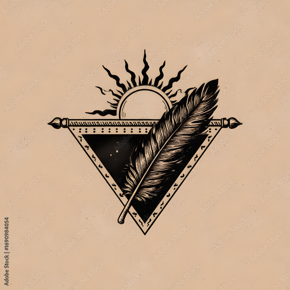 Poster illustrative design featuring triangle with sun motif and feather overlay against textured backgroun