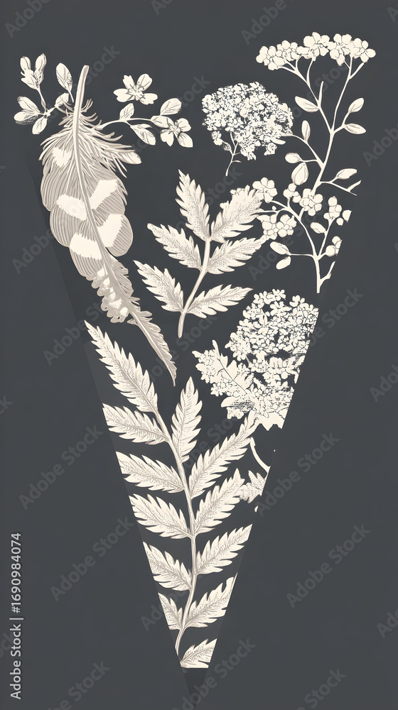 Poster intricate botanical illustration of ferns and wildflowers in triangular design on dark background