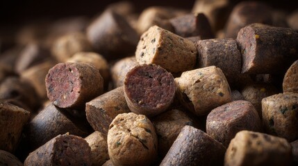 Grain-free pet food pellets with visible meat pieces