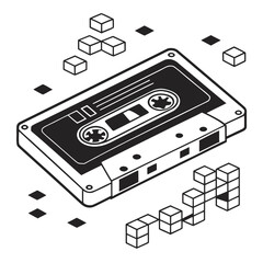 Retro cassette tape with pixelated blocks silhouette