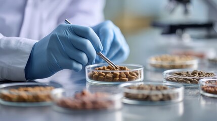 Quality control testing pet food samples on laboratory dishes