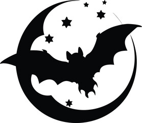 Silhouette of a bat flying across a full moon with a starry night sky background isolated on white background isolated on transparent background