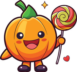Adorable cartoon pumpkin character happily holding a sweet lollipop isolated on white background isolated on transparent background