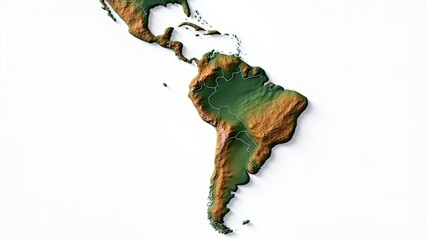 3D Textured Map of the Americas
A highly detailed, three-dimensional rendering of North, Central, and South America on a clean white background. This image highlights the varied topography and relief 