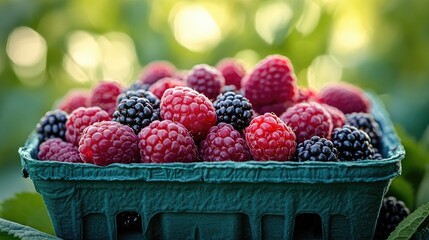 Freshly picked raspberries and blackberries fill a vibrant green container, showcasing a bounty of summer produce.