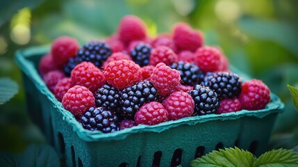 A close-up view of a vibrant mix of fresh raspberries and blackberries in a green cardboard container, showcasing the juicy fruits and the natural beauty of the harvest.