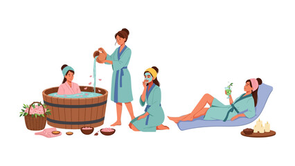 Relaxing spa day with women enjoying a hot tub bath massage and facial treatments in a tranquil wellness center environment