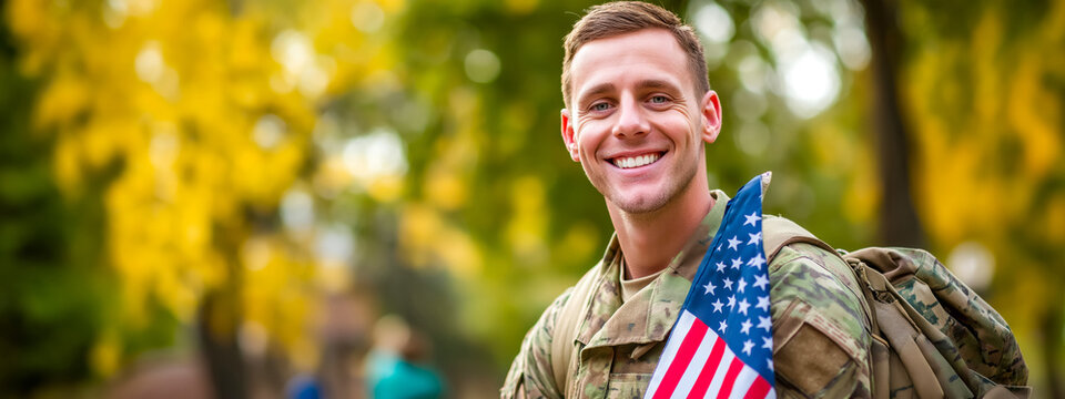 Caucasian soldier in camouflage uniform holding American flag wi - Powered by Adobe