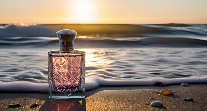 Aromatic elixir a perfume bottle on a sandy beach, capturing the essence of ocean waves and a radiant sunset, evoking tranquility and allure animated 4k video