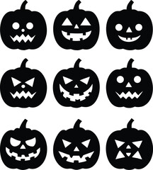 Collection of diverse pumpkins with unique carved facial expressions isolated on white background isolated on transparent background