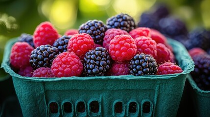 A close-up view of a vibrant mix of fresh raspberries and blackberries in a green paper container, showcasing the juicy berries' rich colors and textures.