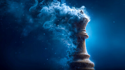 Chess queen dissolving into blue smoke and particles against dar