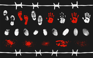 Set of crime scene illustrations. Trending elements forimprint silhouette crime investigation, detective. Handprints, footprints, fingerprints. Isolated vector on black background © Alina Pear