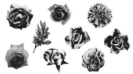 Set of different rose, flowers in retro halftone style. Flower head on torn paper. Trending collage style. Dotted pop art style. Trendy vintage newspaper parts. Perfect for card, event, wedding