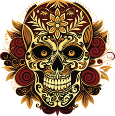Elegant human skull adorned with intricate gold floral elements and decorative flourishes isolated on white background isolated on transparent background