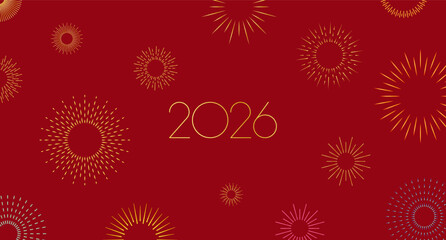 New Year 2026 greeting with firework bursts, festive mood. New Year's greeting for 2026. Holiday card, banner, invitation, marketing template. A festive design symbolizing celebration. Flat vector