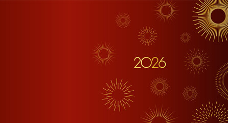 New Year 2026 greeting with firework bursts, festive mood. New Year's greeting for 2026. Holiday card, banner, invitation, marketing template. A festive design symbolizing celebration. Flat vector