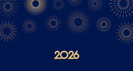 New Year 2026 greeting with firework bursts, festive mood. New Year's greeting for 2026. Holiday card, banner, invitation, marketing template. A festive design symbolizing celebration. Flat vector