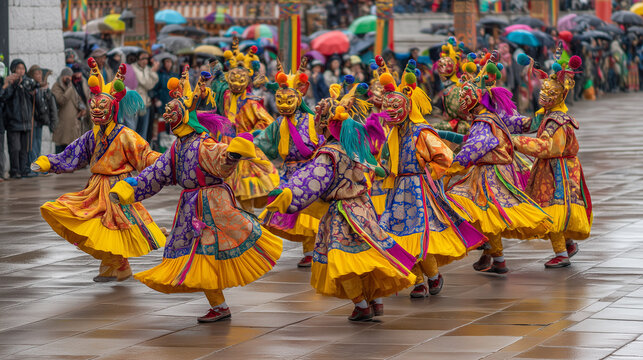 Cham Dance at Thimphu Tshechu Festival in Bhutan &ndash; Colorful Costumes, Sacred Masked Dance, Ritual Celebration, Traditional Heritage, and Spiritual Ceremony
