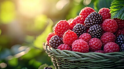 Fresh raspberries and blackberries in a woven basket, bathed in sunlight, showcasing vibrant colors and a healthy harvest.